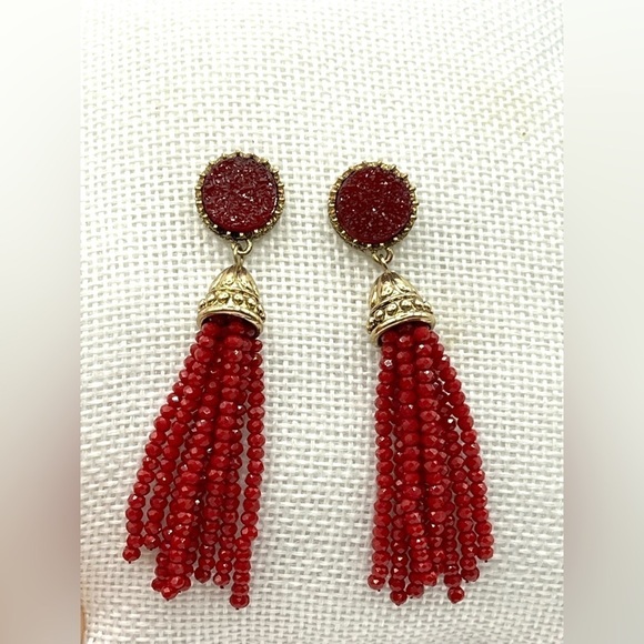 Red Drusey Gold Tone Earrings with Sparkling Long Beaded Tassels Rich Red Color - Picture 7 of 9